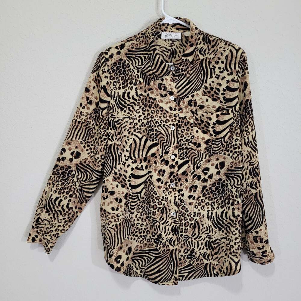 Vintage Blouse Kathy Che Womens XL Animal Print Leopard Long Sleeve Button up